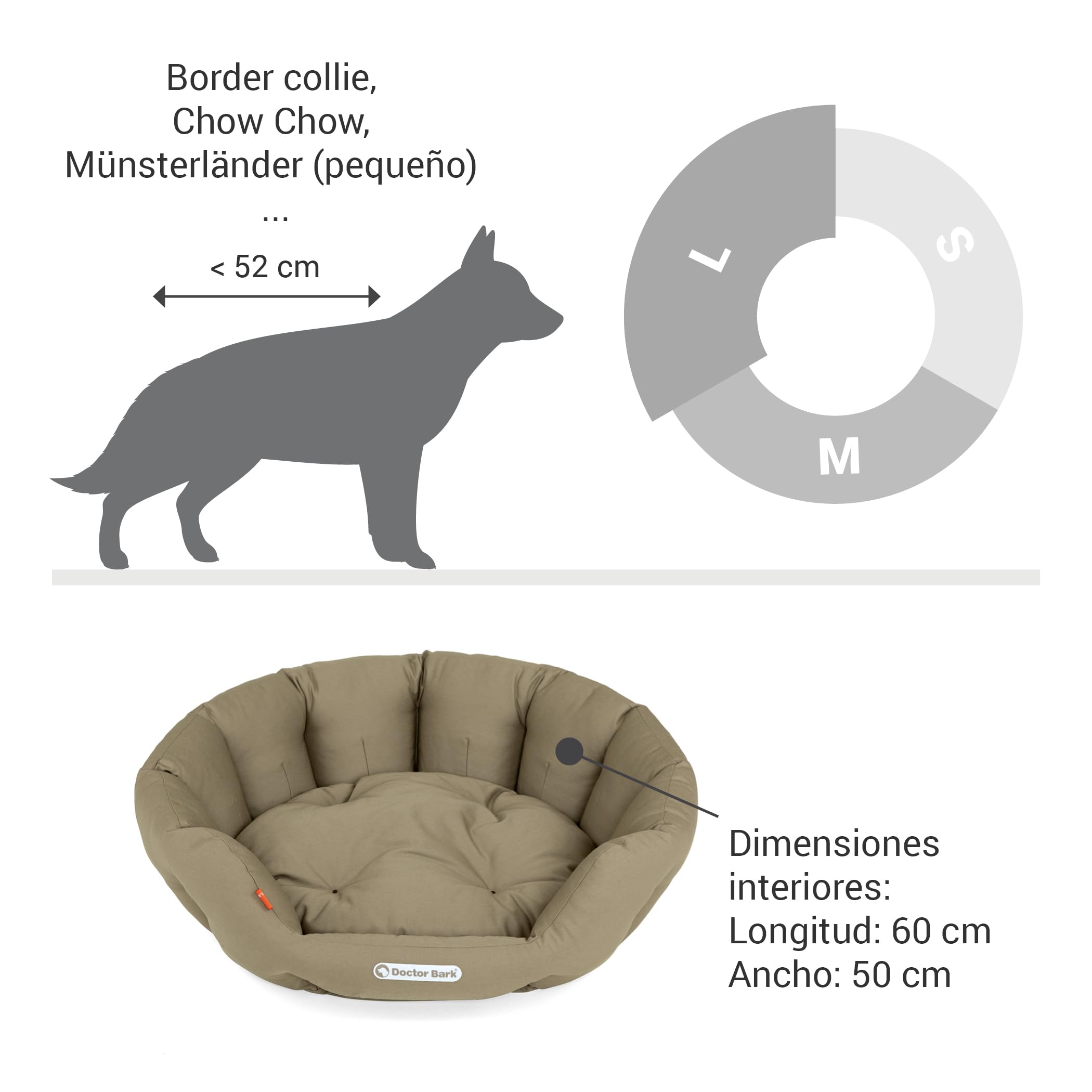 Doctor Bark Cesta Redonda para Perros Grandes, Cama para Perros Grandes, Cama con cojín Reversible Mullido, ortopédica, Lavable hasta 95 °C (l – 60 x 50 cm, marrón Dorado)