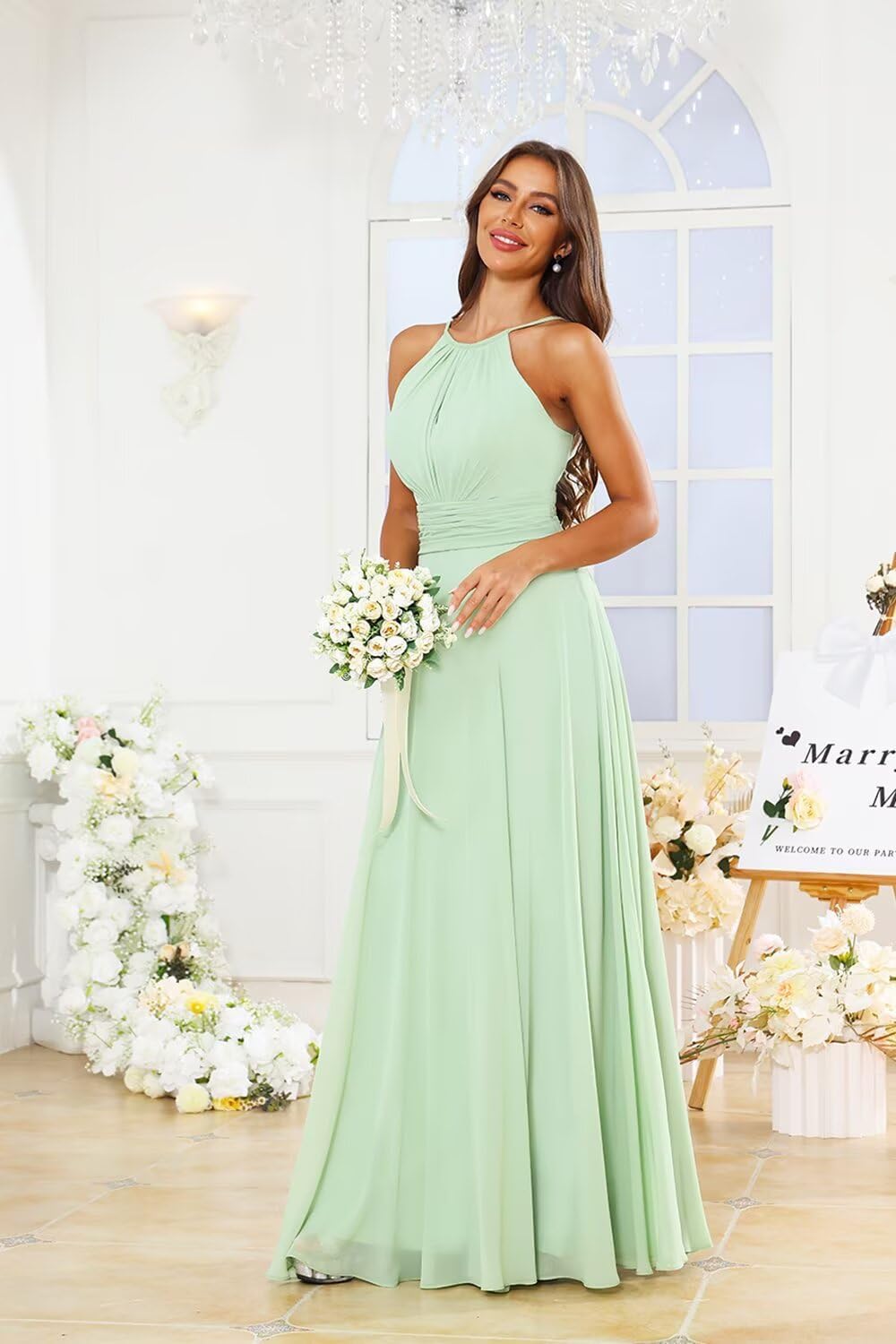 SoDigne Halter Pleated Long Bridesmaid Dresses for Women A Line Chiffon Corset Wedding Guest Gown