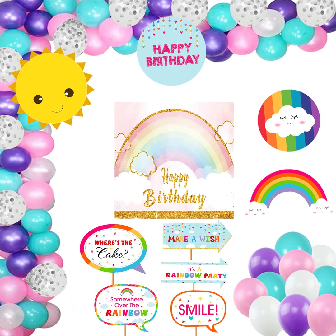Theme My Party Rainbow Party Decorations for Rainbow Party Supplies Rainbow Backdrop Banner Balloons Latex Cake Table (Decoration Kit 6)