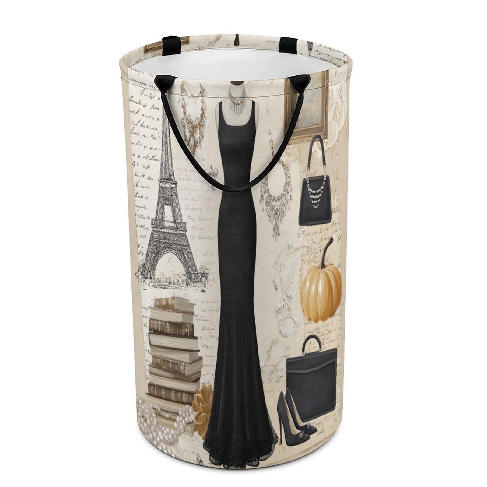 LUYYSKY Beautiful Abstract Black Dress Versatile Storage Laundry Basket, Vintage Romantic Makeup Themed Paris Style Eiffel Tower Large Capacity Bathroom Hamper With Handle