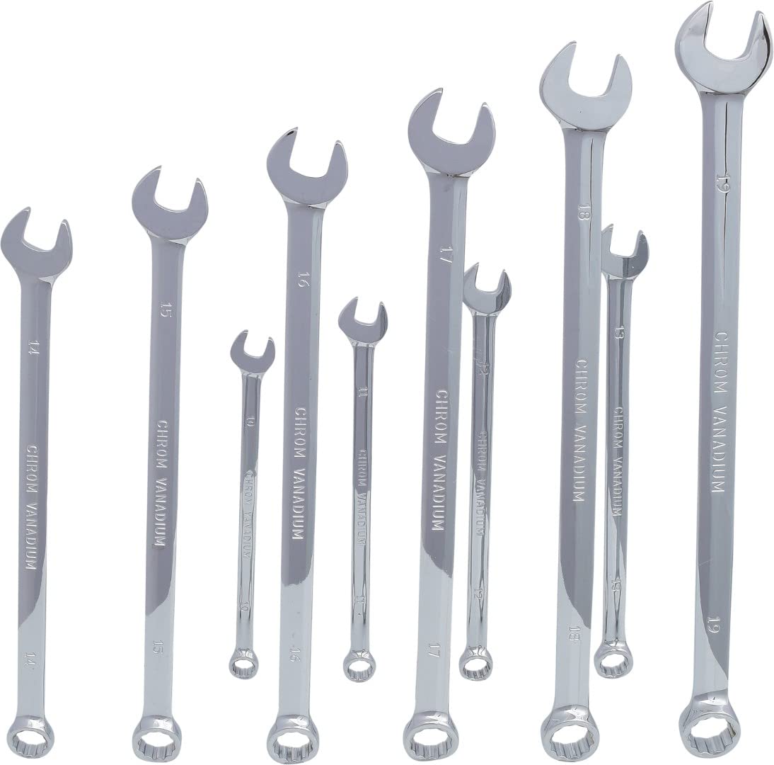 KS Tools 519.0660 - Pack de 10 piezas con llaves combinadas Chrome, extra largas (entrecaras 10-19 mm) | Juego de llaves mixtas CHROMEplus, extra largas, 10 pcs., cromo vanadio