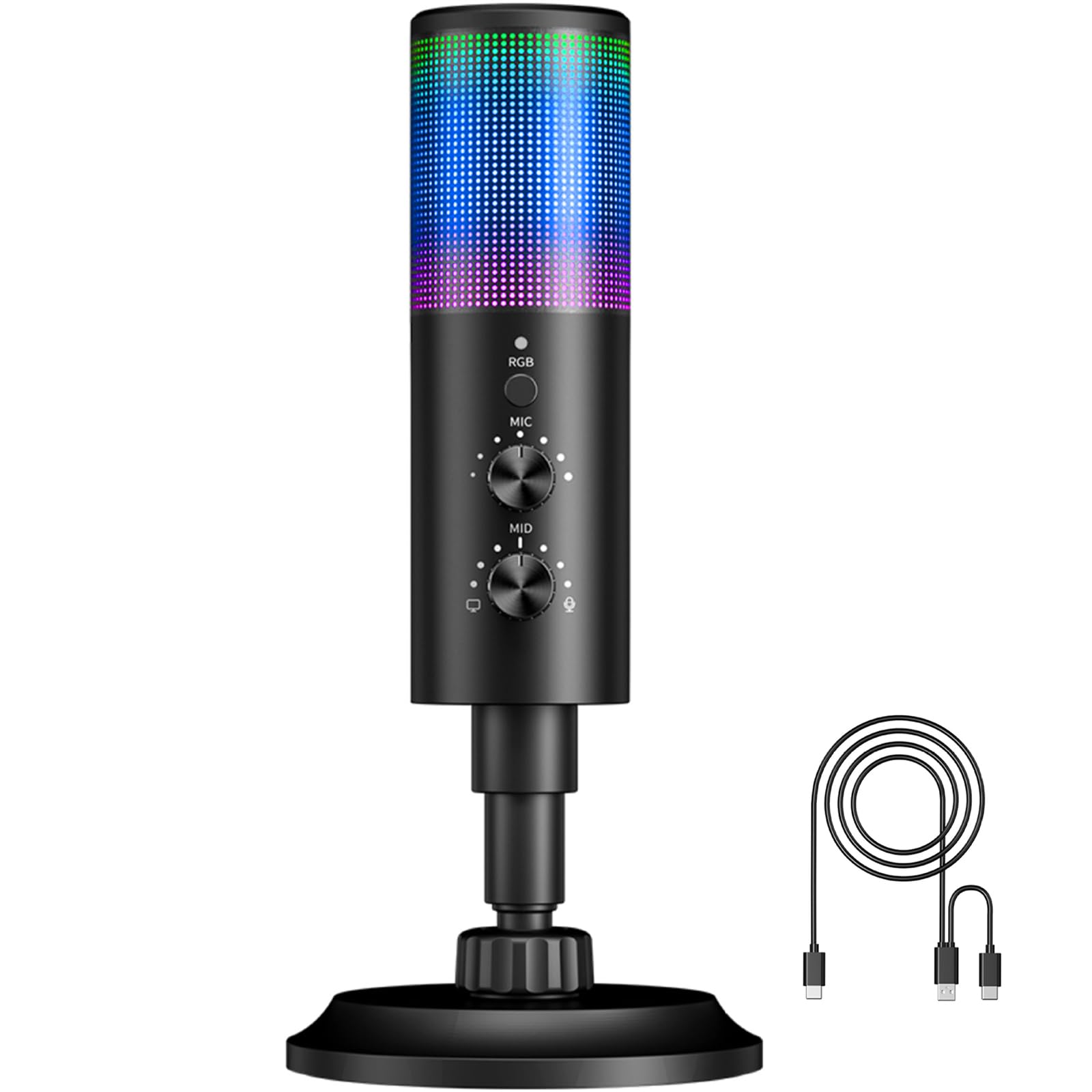 USB Gaming Microphone,PC Condenser Microphone with 11 RGB Lights with Mute, Noise Reduction, Gain Control, Sound Pressure Breathing Lights, headphones Jack for YouTube/MAC/Windows/Recording