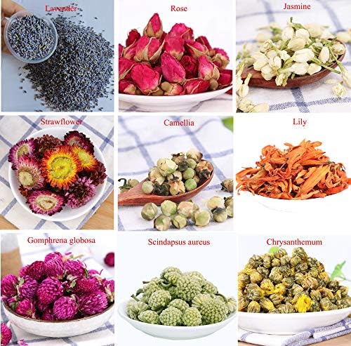 Zonesgo Flower Petals and Buds Includes Lavender, Camellia, Lily, Jasmine, Rose, Gomphrena globosa, Scindapsus aureus Flower, Chrysanthemum, Strawflower, Kinds of Crafts