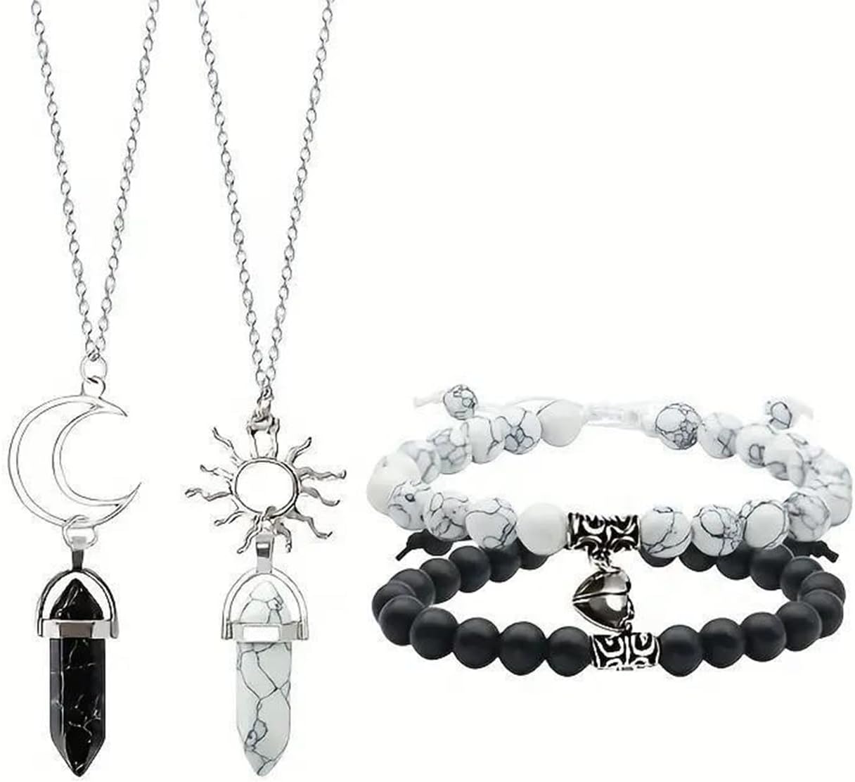 4Pcs Crystal Couple Necklace Bracelet Set for Women Men Matching Friendship Necklaces Hollow Sun Moon Pendant Necklace Valentine's Day Jewelry Gift