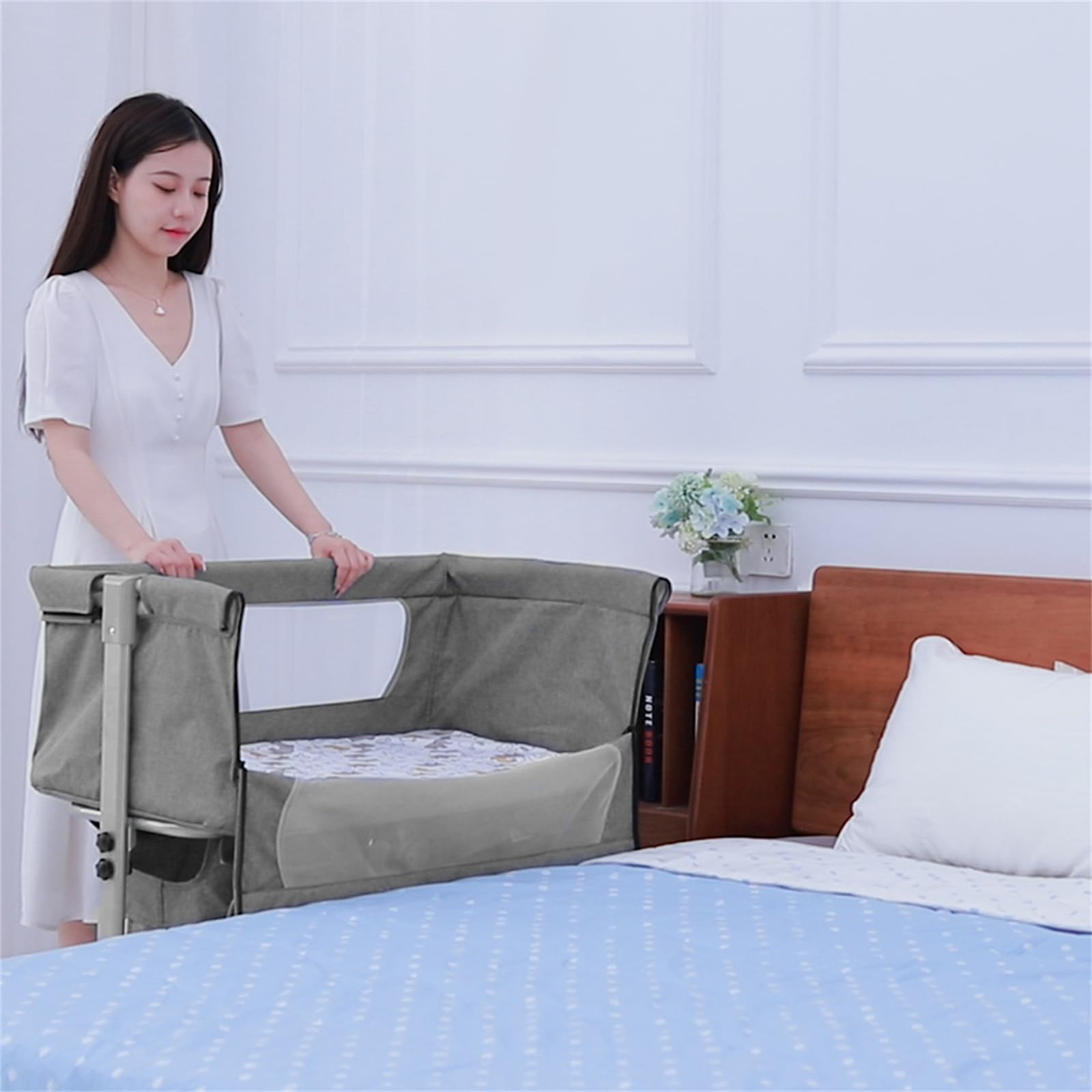 homewell Cododo Babywiege, tragbar, höhenverstellbar, 3-in-1-Babybett, mit Aufbewahrungstasche, Rollen und Moskitonetz