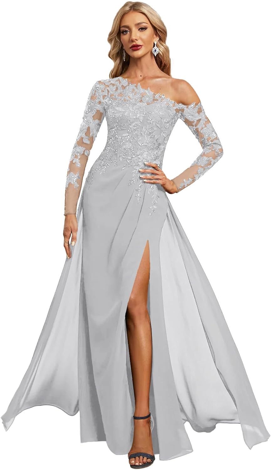 Long Sleeve Mother of The Bride Dresses for Wedding Sequin Lace Chiffon Formal Gown with Slit EA035
