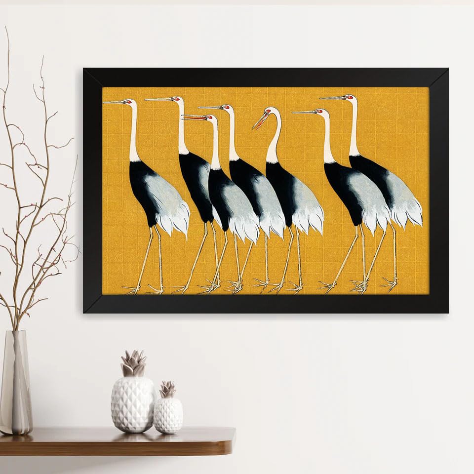 GADGETS WRAP Printed Photo Frame Matte Painting for Home Office Studio Living Room Decoration (14x11inch Black Framed) - Ogata Korin 7 Japanese Birds Poster