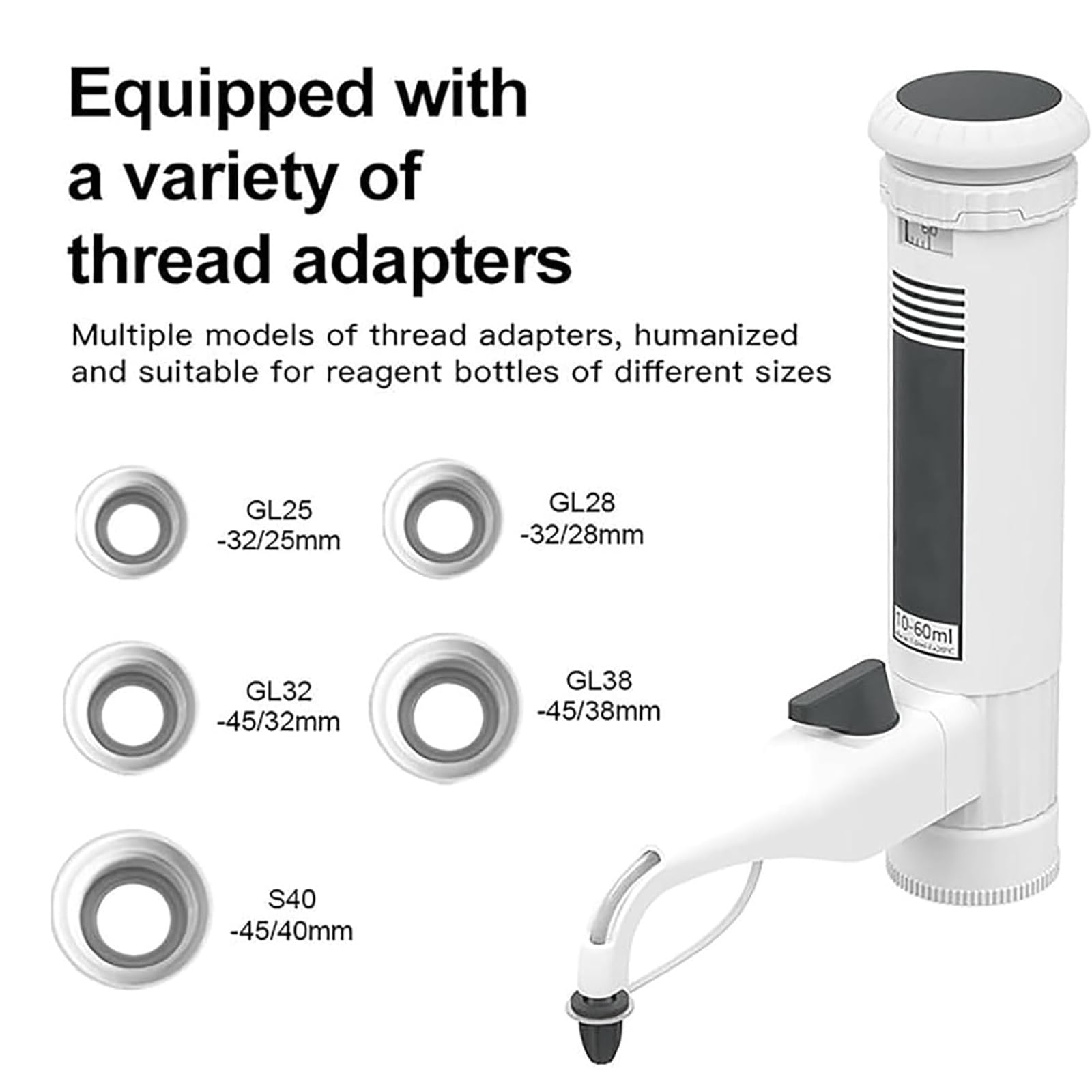 Dispensador de botella para pipetas de laboratorio, 10-60 ml, ajustable con 5 adaptadores roscados, válvulas dobles, ajuste de engranajes, ideal para experimentos e investigación científica