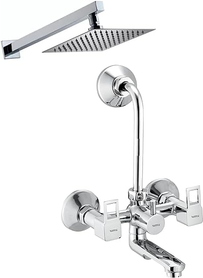 Ramya Cube Wall Mixer with 8x8 Shower 15inch Arm for Bathroom & Wash Basin (Set of 1pc Wall Mixer Set 1pc Shower 8x8 1pc 15inch Arm)