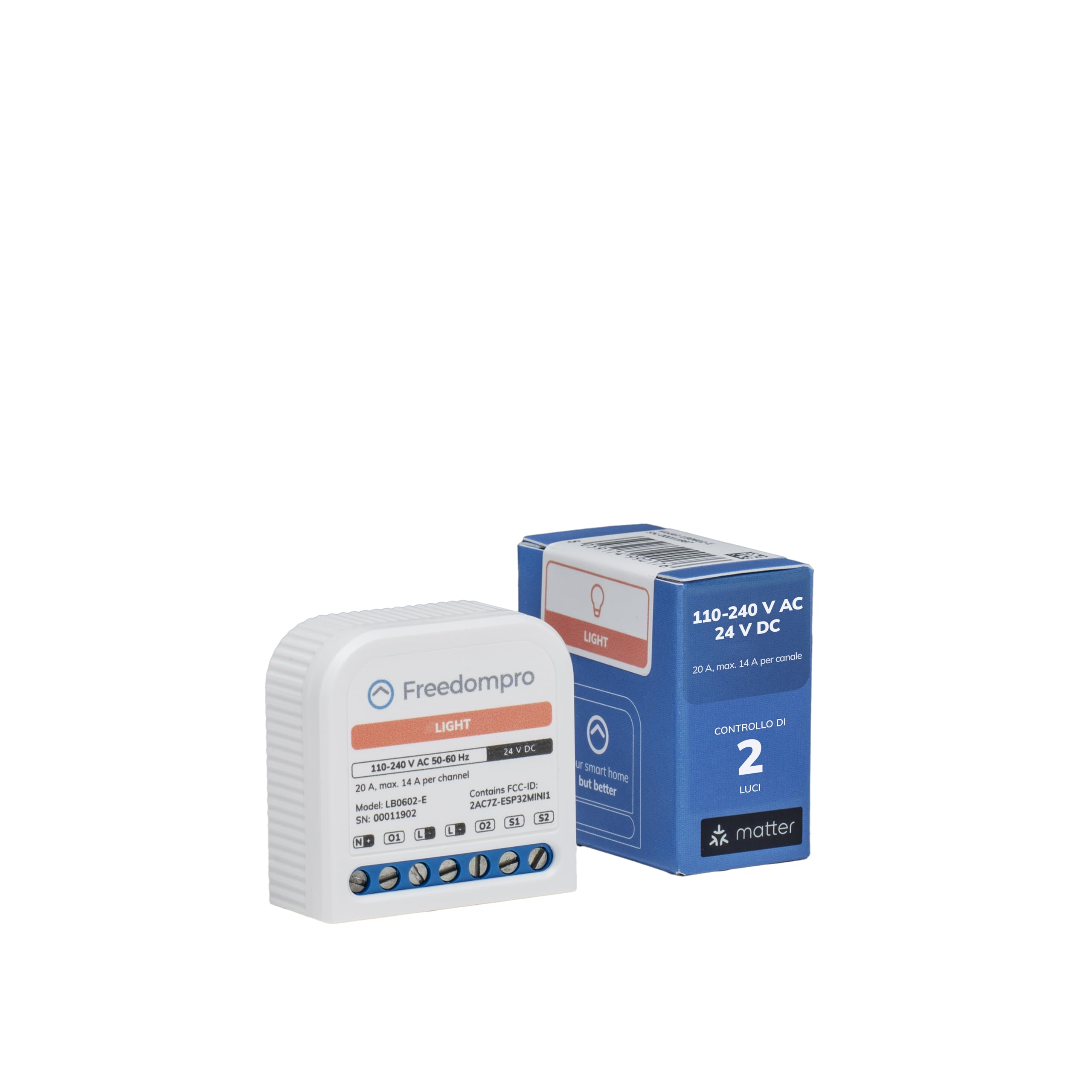 Freedompro Interruttore Smart WiFi Comanda 2 Luci, Lampade, Faretti, Punti Luce, Modulo Smart Home MINI Relè Compatibile con Matter, Apple HomeKit, Alexa, Google Home, 110-240V 14A Scatola da Incasso