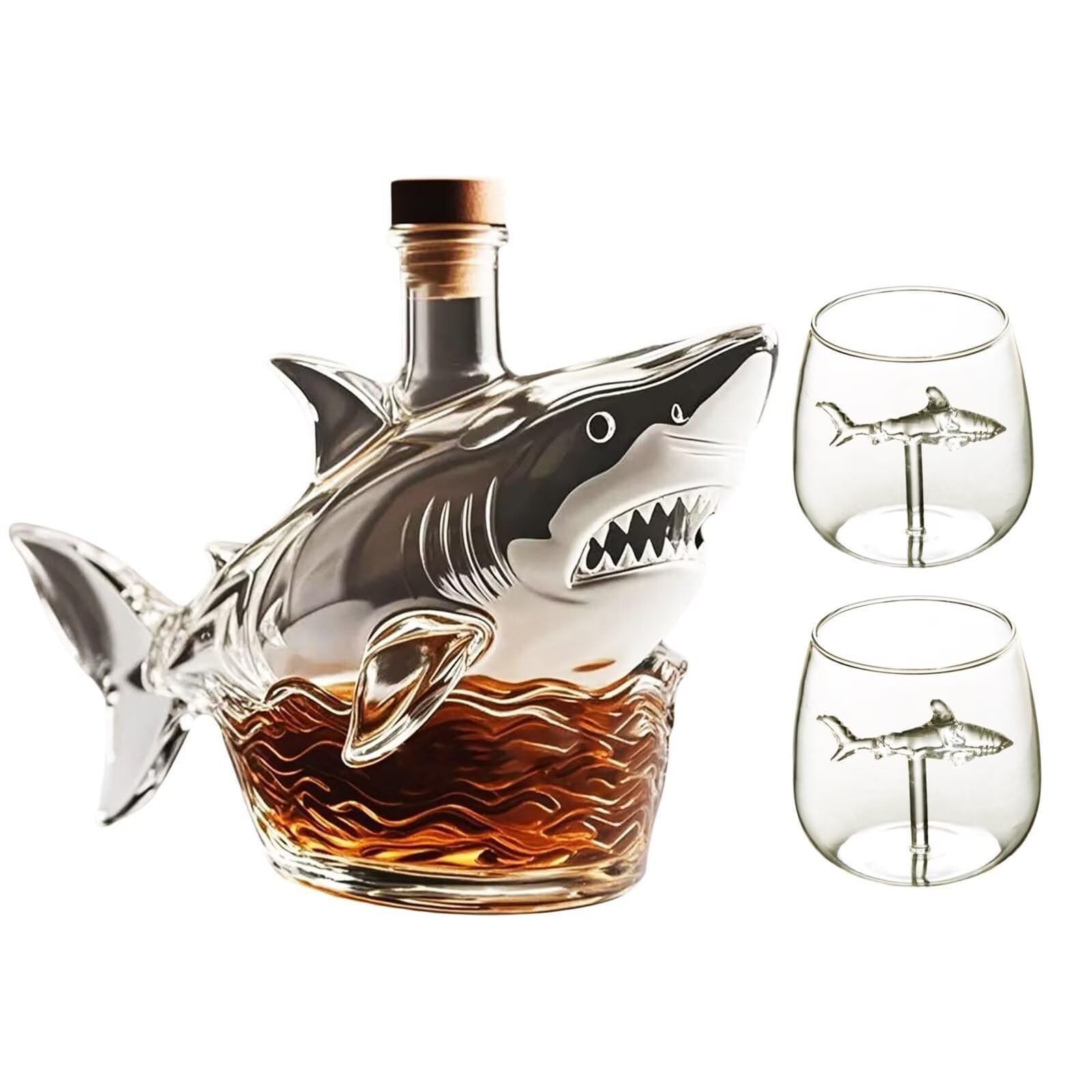 300ML Decantador Whisky Arte Escultura - Con Copa De Vino De 2/4 De Tiburón, Esculturas Decorativas De Botellas De Vino Con Diseño De Tiburón Tallado En 3D, Decantador De Whisky(Shark+2 cups)