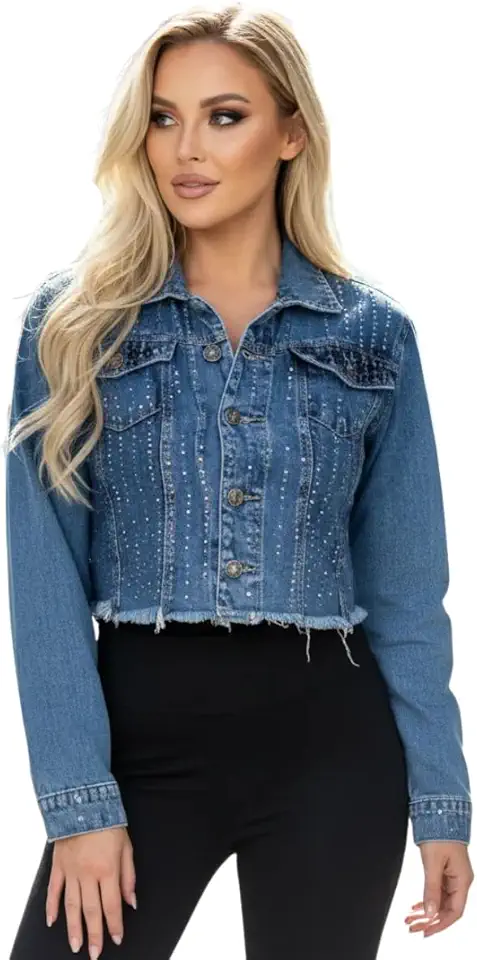 Jaqueta Jeans Moda Feminina Em Cropped Com Strass De Qualidade Manga longa Acabamento Perfeito Peça Luxuosa Estilo Moderno Fashion Alta Tendencia Inverno Outono