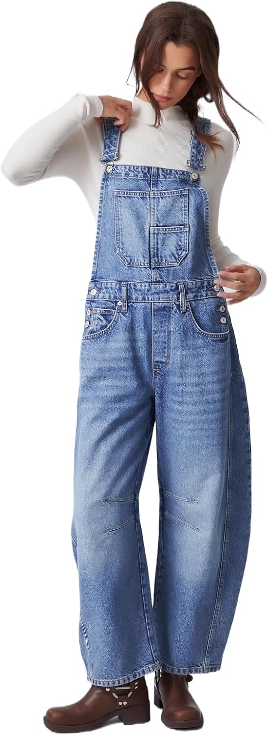 D-Sun Women's Y2K Denim Bib Overalls Baggy Barrel Leg Jumpsuit Loose Wide Leg Boyfriend Jean Romper