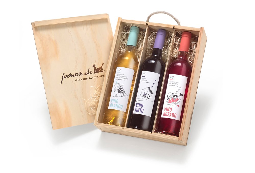 Geschenk für Weinliebhaber | Weingeschenk SPANIEN | Je 1 Flasche Rotwein, Weißwein & Roséwein aus D.O. Utiel Requena | Geschenkfertig verpackt in rustikaler Weinkiste aus Holz | jamon.de