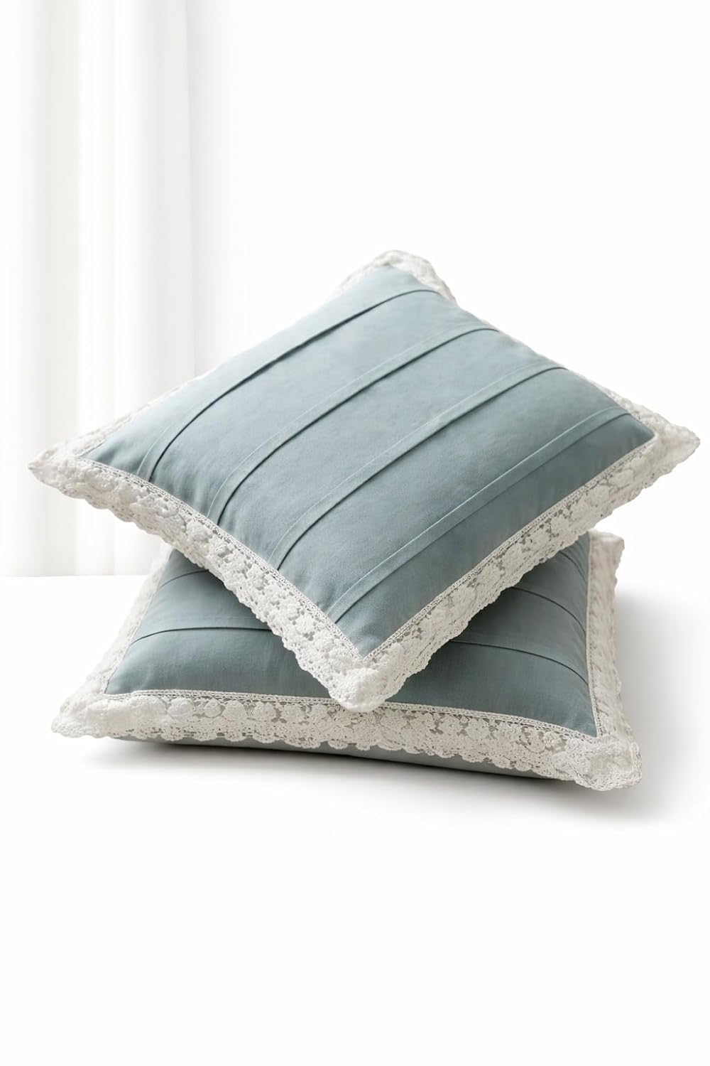 Decorative Cushion Covers 16x16 Inch Set of 2 | Cotton Linen Pillow Covers with Pintuck Stripes & White Lace Trim | Farmhouse Style Sofa Cushion Covers (Grey)-image-36