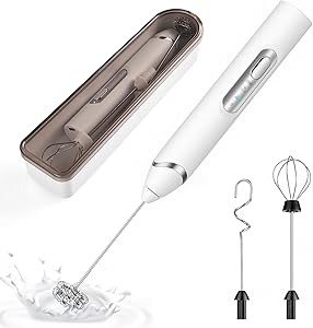 Handheld Milk Frother with Travel Case - Portable USB Rechargeable Mini Whisk for Coffee, Latte. Includes 3 whisks, storage, perfect for frothing milk, beating eggs, and blending drinks.