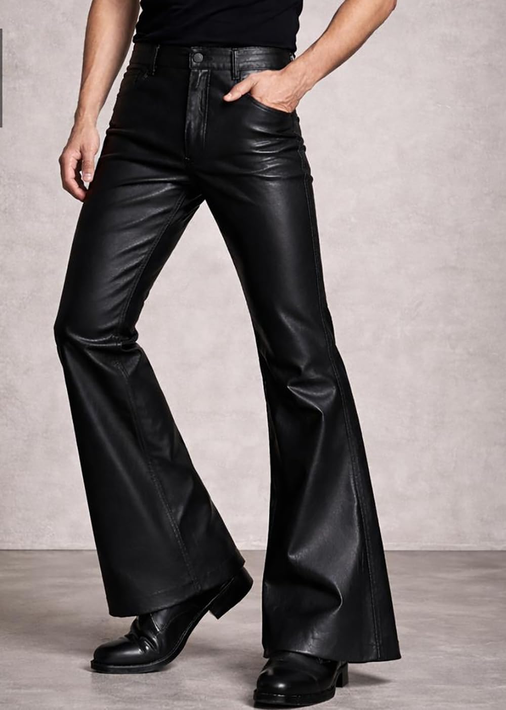 VENNYNG Men's Faux Leather Bell Bottom Pants 70s Retro Disco Flare Leg Trousers with Elastic Back