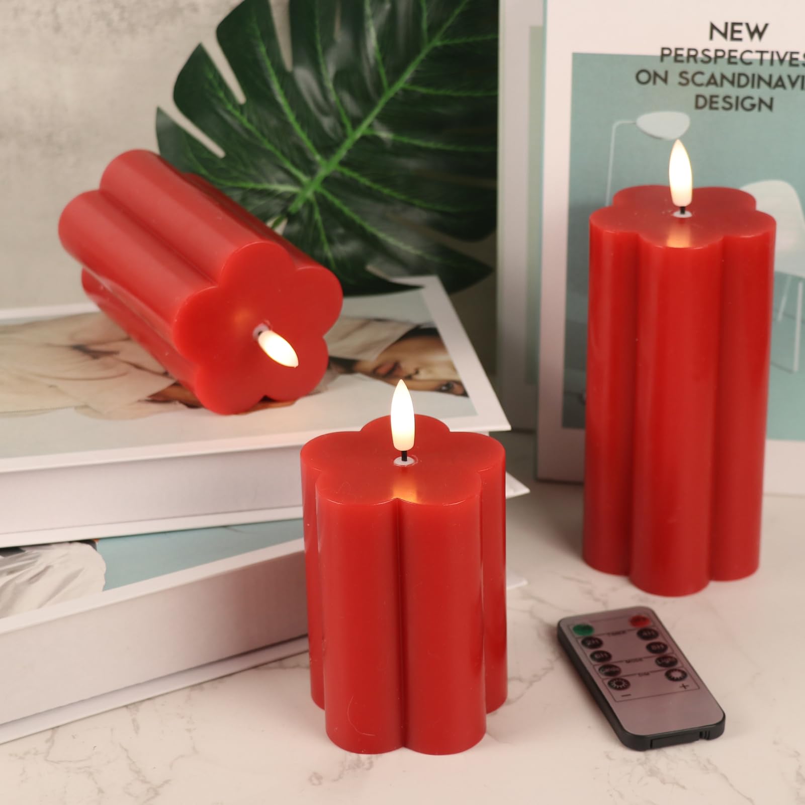 DRomance Flower Petal Flameless Pillar Candles with Remote Timer Battery Operated Realistic 3D Wick Flickering Real Wax LED Pillar Candles Dinner Wedding Decor Candles(Red, 2.8 x 4,5,6 Inches)