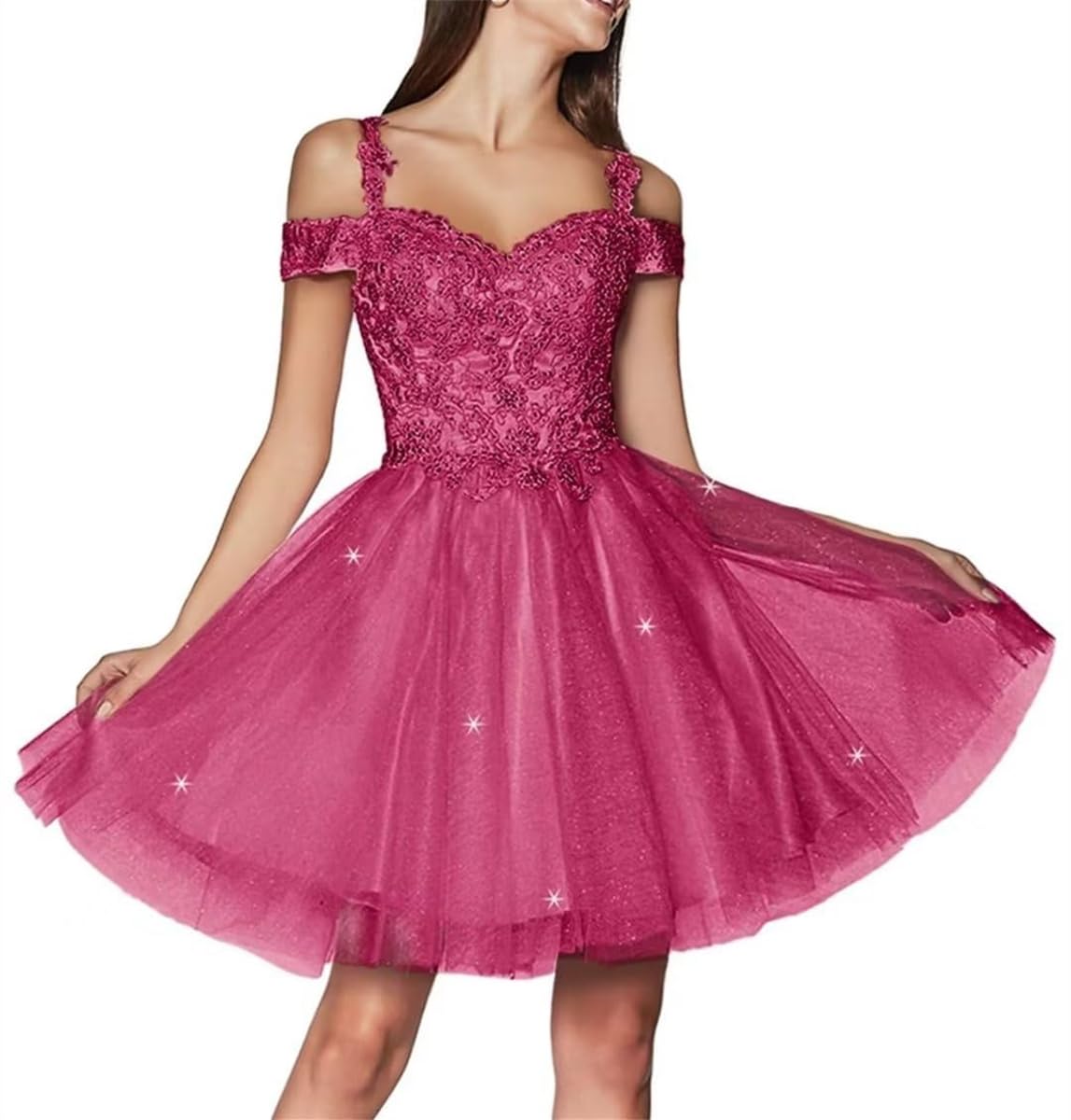 KURFACE Tulle Homecoming Dress Hot Pink for Juniors Cold Shoulder A Line Lace Applique Prom Dress Knee Length Short Ball Gown UK10