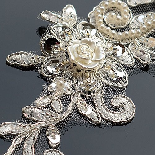 Bling Paillette Rhinestones Lace Appliques Pearl Beaded Bridal Applique Sewing Patch For Diy Wedding Belt Shoes Ivory (2 Pieces) #TOP5