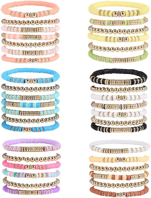 Pingyongchang Heishi Gold Beaded Bracelets Set for Women Men Bohemian Polymer Clay Colorful Surfer Vinyl Disc Stretch Layering Stackable Friendship Boho Bracelet Summer Beach Jewelry Gifts - Image 7