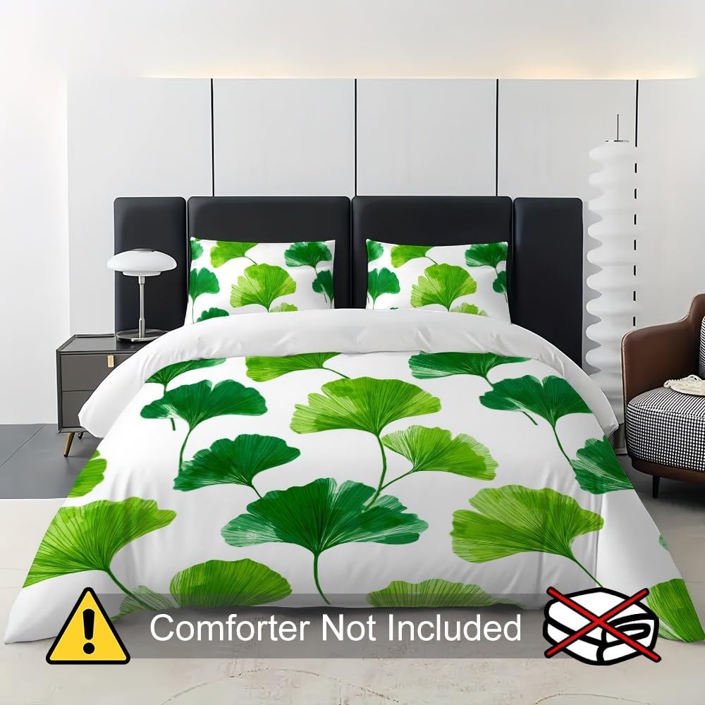 3-częściowy komplet pościeli 200 x 200 cm, z mikrofibry, proste liście miłorzębu, poszewka na kołdrę z zamkiem błyskawicznym, 80 x 80 cm, zielona, oddychająca, nie wymaga prasowania i miękka poszwa na