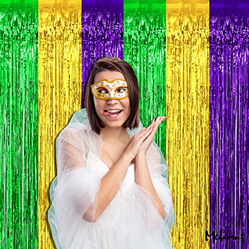Image of 4 Pack 3.2Ft x 9.8Ft Mardi Gras Fringe Curtain Backdrop, Gold Green Purple Metallic Tinsel Foil Fringe Streamers Curtains Background for Photo Booth Birthday Wedding Carnival Party Decorations