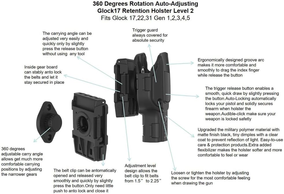 360° Rotation Glock17 Holster for Glock17,22,31 Gen 1-4 & G17 Gen5 - Right Hand OWB Belt Clip Concealed Carry