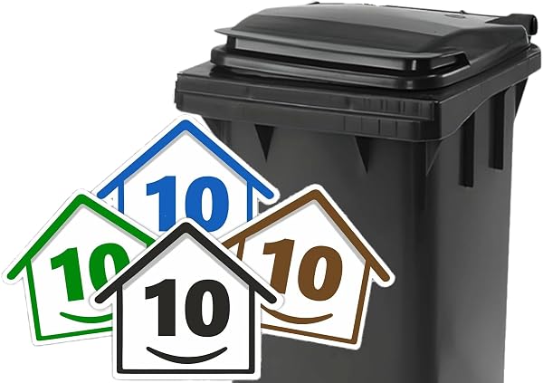 4 x Bin Numbers for Wheelie Bins, 1-99, 15cm ‘Happy House’ Colour Design Dustbin Stickers, Easy Application Stick On Number Stickers - Weatherproof Self Adhesive Vinyl – Blue, Black, Green, Brown (10) - 2