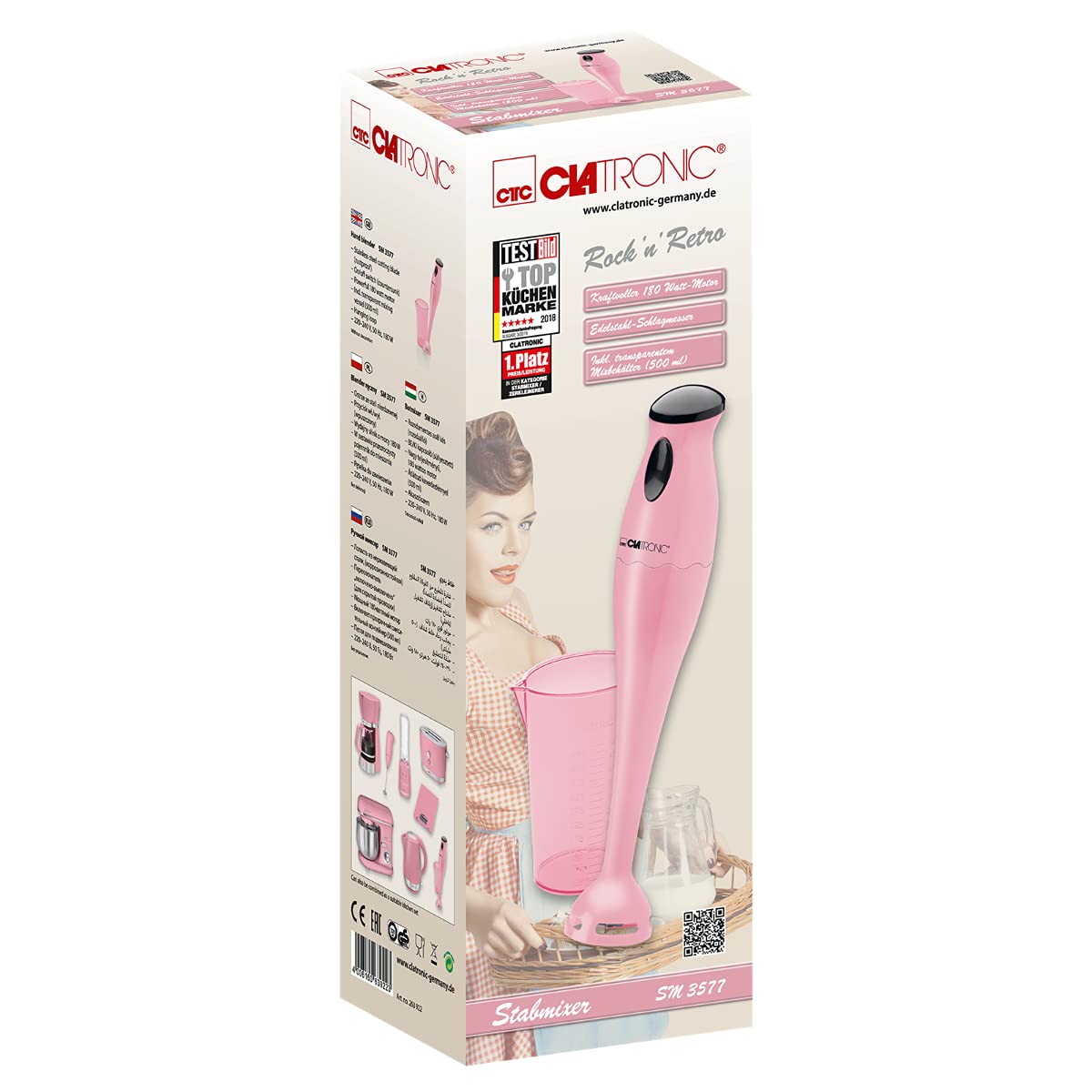 Clatronic HandBlender StandBlender SM 3577; ostrze ze stali nierdzewnej; do smoothie, puree dyniowego, koktajlu mlecznego; z miską blendera (500 ml); 180 W, biały