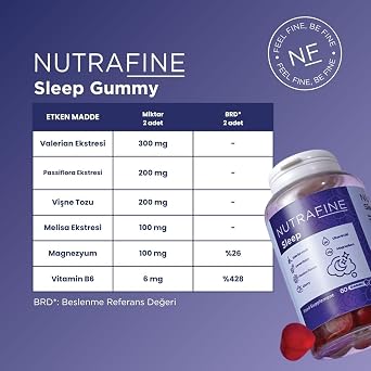 NUTRAFINE Sleep Gummy, Uyku Döngüsüne Yardımcı Gummies, Doğal Uyku Desteği, Vitamin B6, Magnezyum