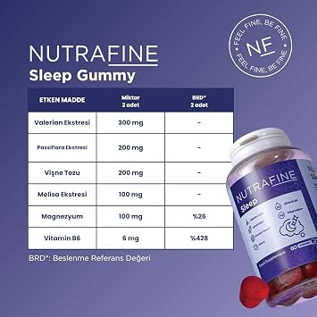 Sleep Gummy, Uyku Döngüsüne Yardımcı Gummies, Doğal Uyku Desteği, Vitamin B6, Magnezyum