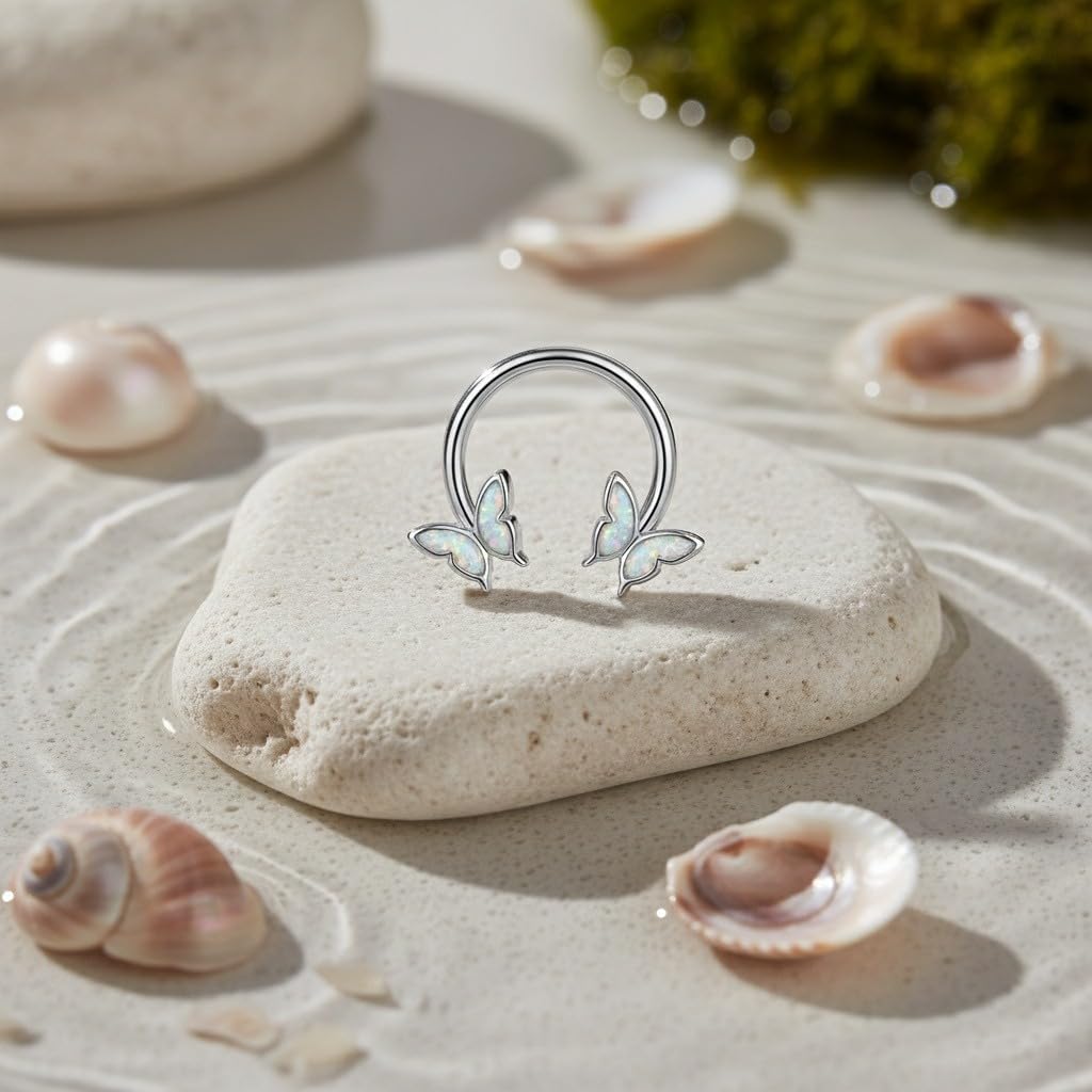 18K White Gold Plated Opal Butterfly Septum Ring Elegant Body Jewelry Gift Box