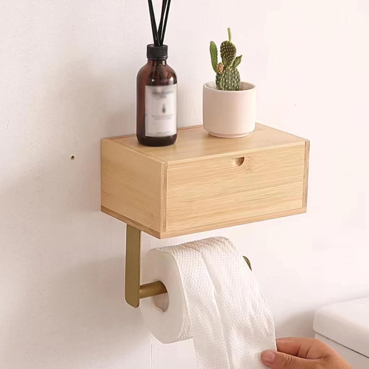 Wood Toilet Paper Holder with Shelf Storage, Wooden Wall Mount Toilet Paper Holder, Self-Adhesive Tissue Roll Holder with Flushable Wet Wipes Dispenser
