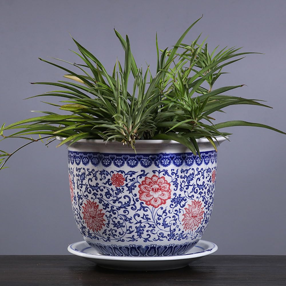 asdchZen Chinoiserie Ceramic Planter Indoor Plant Pots With Tray Plant Pots Indoor Blue And White Porcelain Flowerpot Round Planter Flower Nursery Pot Orchid Ceramics Bonsai,E-34 * 23cm