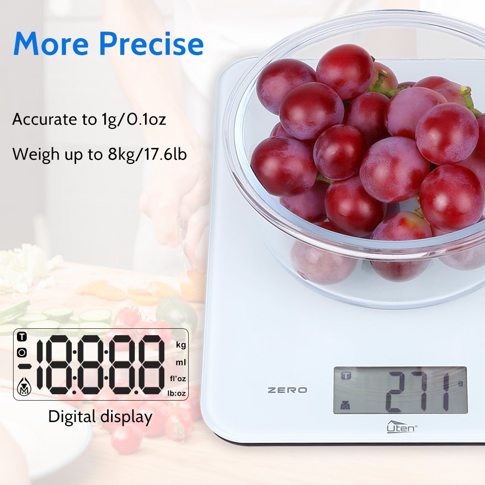 Uten Bilancia da Cucina 8 kg/1g, Bilancia Elettronica Digitale per Misurazioni ad Alta Precisione, Display LED Multifunzione, per Cucina e Pasticceria