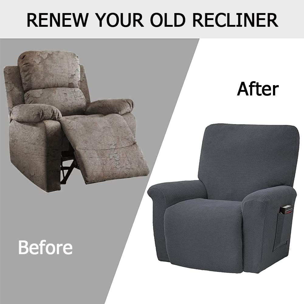 Recliner Chair Covers with Side Pockets, Stretch Armchair Slipcovers 4 Pieces, Non Slip Sofa Cover Furniture Protector for Living Room (Pumpkin Yellow)