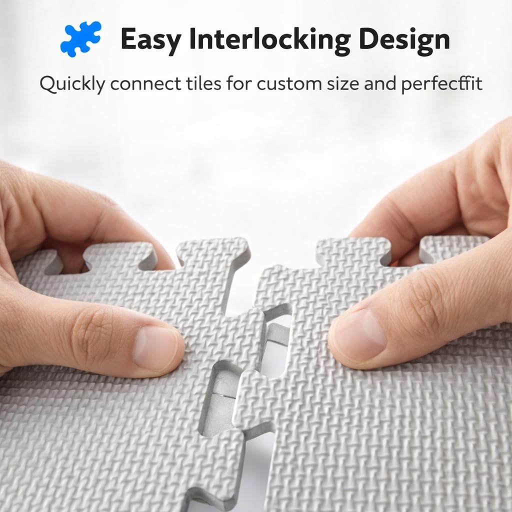WENGTY EVA Interlocking Floor Mat 30x30cm 10 Tiles, Lightweight Portable Foam Rubber Flooring, Anti-Slip Waterproof Cushion Mat for Gym, Kids Play Area, Yoga, Home Protection Puzzle Mats Set (Gray) 3