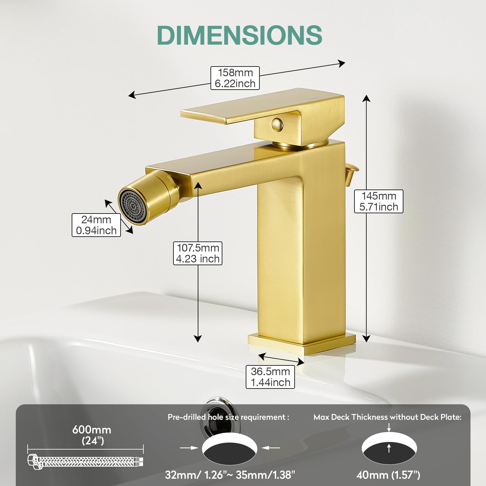Faustina Mitigeur monocommandé pour Bidet toilettes avec Tirette, Robinet de Bidet pour Salle de Bain, Mitigeur Monocommande Robinet Carré, en Acier Inoxydable Or