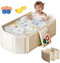 Foldable Baby Bathtub Portable Baby Bath for Children: Includes 5 Balls and 2 Ducks - Integrated Bath with Drain Plug - Portable Bath with Toys for Children (White)