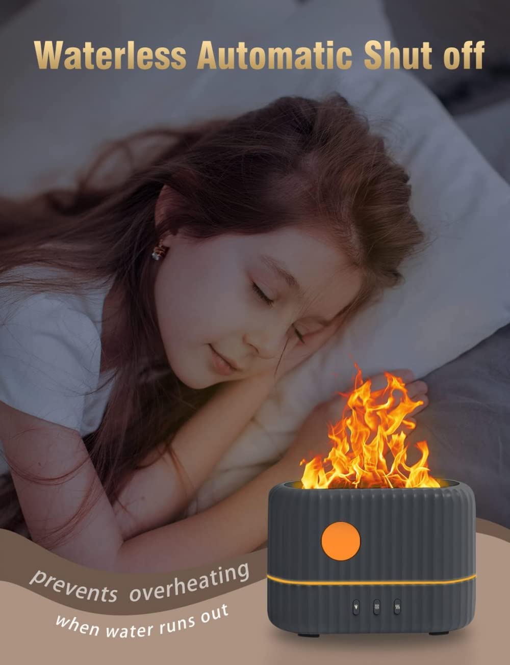 Difusor de aceites Esenciales con luz de Llama, 3 Modos de Intensidad de luz de Llama y 2 aromaterapia Ajustable con Ajuste de Niebla fría de 200ml, diseño portátil sin Agua (Gris/Blanco)-Grey