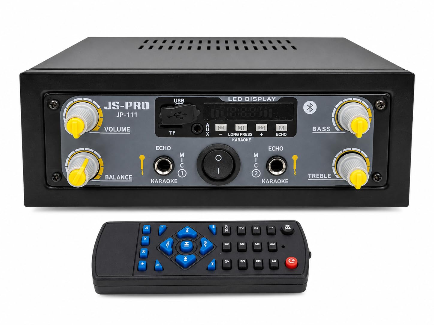 JP-111 Digital Stereo Amplifier with Bluetooth & Karaoke | Dual Mic Echo Function, USB/TF/FM/AUX Inputs, LED Display & Remote, Metal Body Cooling Fan, Made in India-image-46
