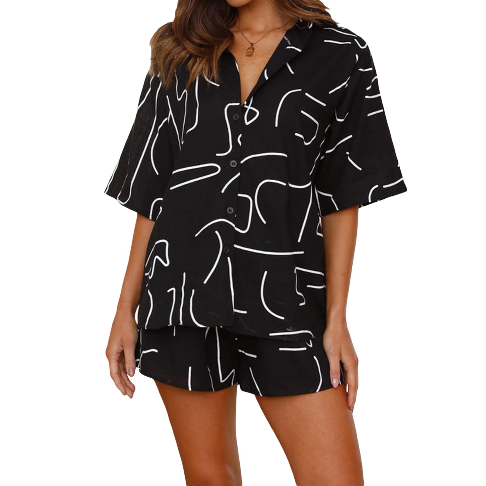 Felcia Women's Oversized 2 Piece Outfits Fashion Printed Short Sleeve Button Down Shirt Shorts Co Ord Set Summer Streetwear Beachwear (V-Black, M)