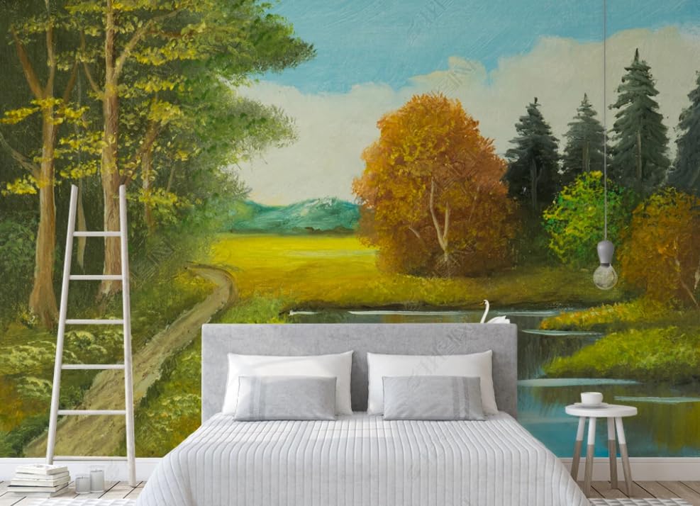 Peinture à l'huile paysage cygne en papier peint intissé : grand poster mural décoratif de salon