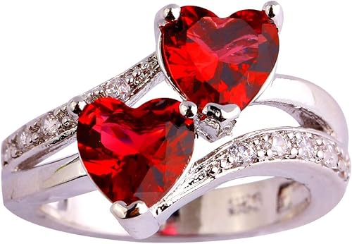 Miniatura 4 de Emsione Anillo de promesa de boda con topacio azul y blanco, chapado en plata de ley 925, con doble corazón