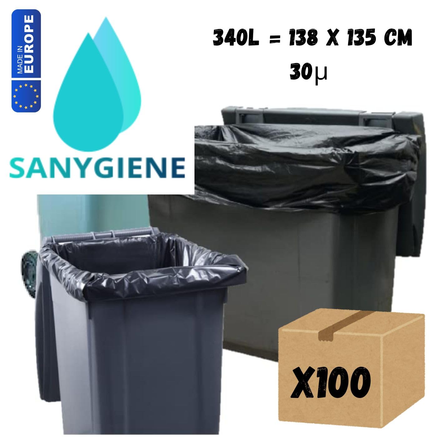 Sac Poubelle 340l X100 | Housses Protection Conteneur 340 Litres | Certfié REACH et FSC | Epaisseur 30µ | Anti Saletés - Anti Fuite - Anti Odeur | Hygiène Propreté Collecteur Déchets