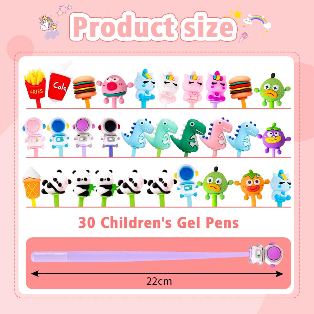 Foydream 30 Kawaii Gelpennen – Met Cartoonfiguren – Dino, Panda, Eenhoorn – Veelkleurig – Zwarte Inkt – Veilig Rubber – Perfect Als Feestcadeau Voor Kinderen
