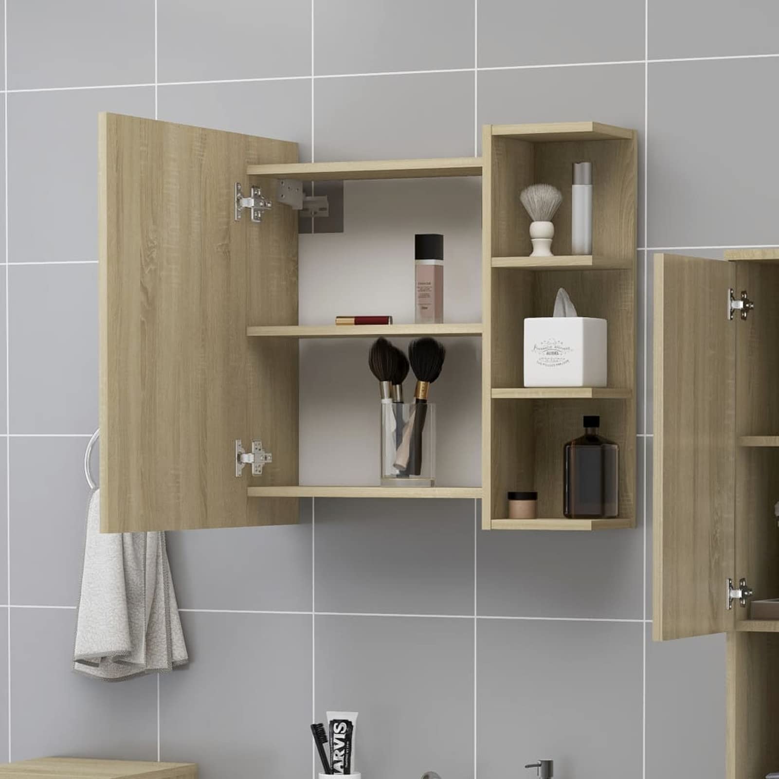 Homgoday Szafka łazienkowa z lustrem, dąb sonoma, 62,5 x 20,5 x 64 cm, drewno inżynieryjne, szafka do przechowywania, meble łazienkowe, toaletka, przechowywanie mebli łazienkowych