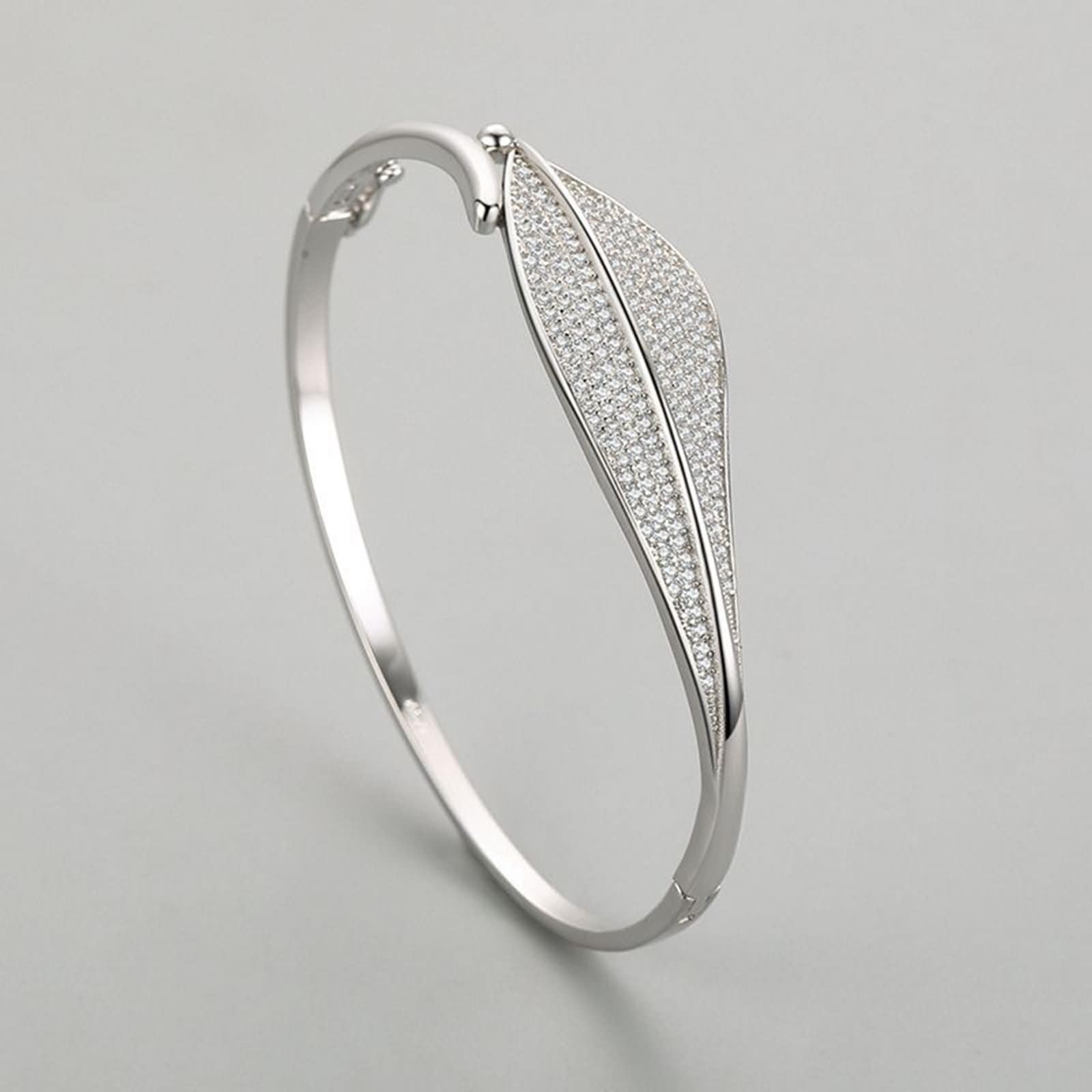 Pulsera para Mujer de Oro Blanco 9K / 14K / 18K, Hojas con Moissanita, Cadena 16 CM, Pulsera para Mujer de Plata
