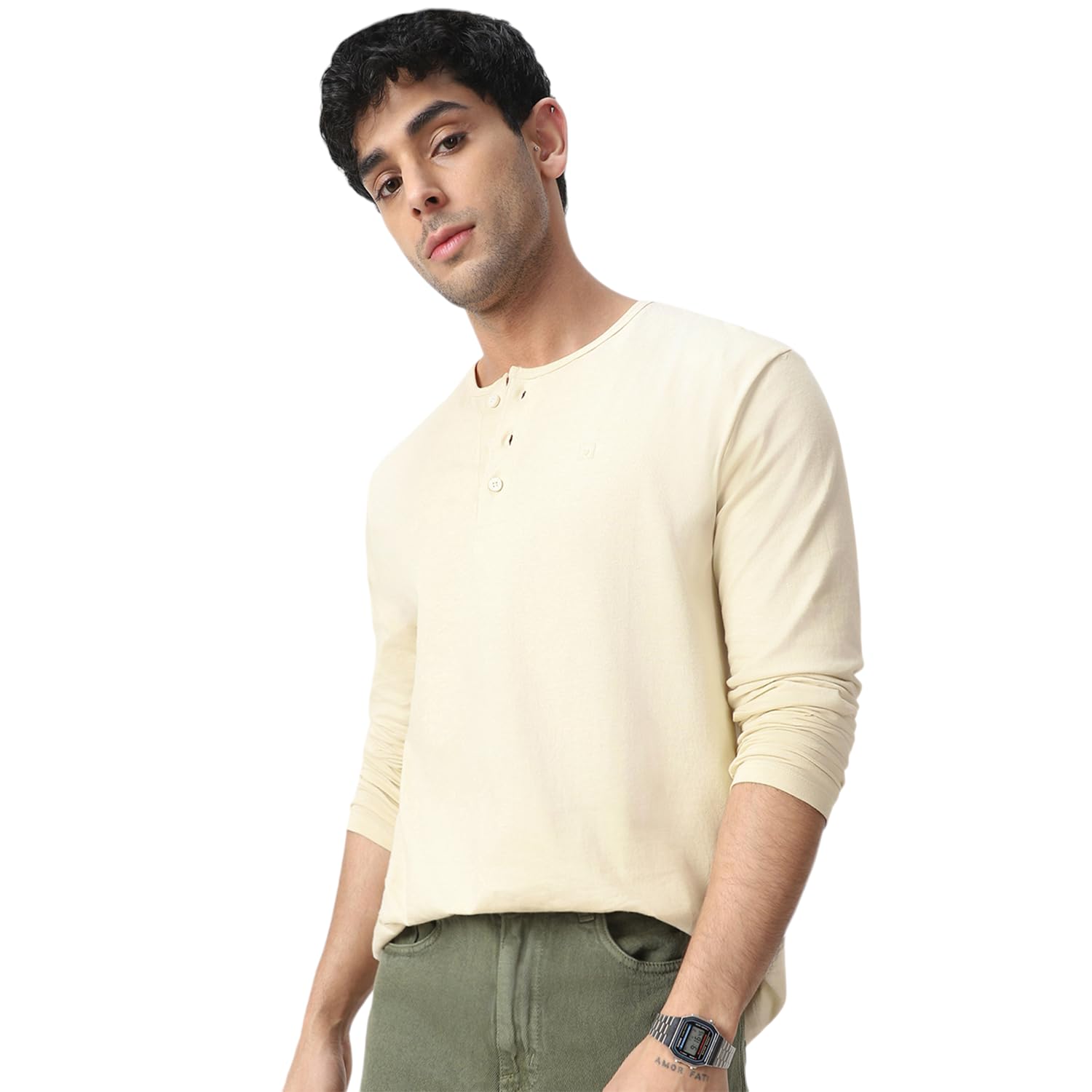 ANCELLM HENLEY RIB LS T-SHIRT （CREAM） Men's Cream Slim Fit Ribbed Henley shirt | H&M IN